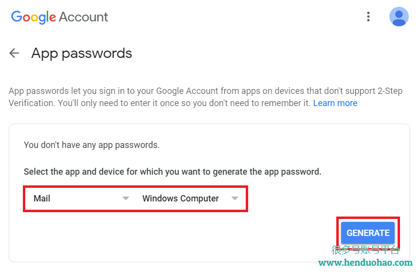 为 Gmail Google 帐户创建新的应用密码